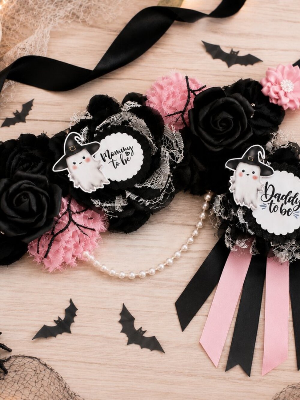 A Boo is due Baby shower sash and matching Daddy Pin for a Halloween Shower